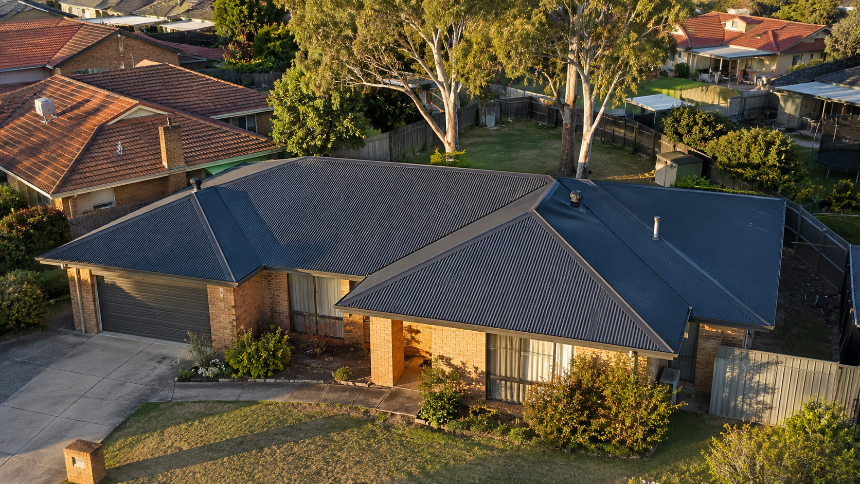 Wide view of a completed Colorbond metal roof on a Ballarat home